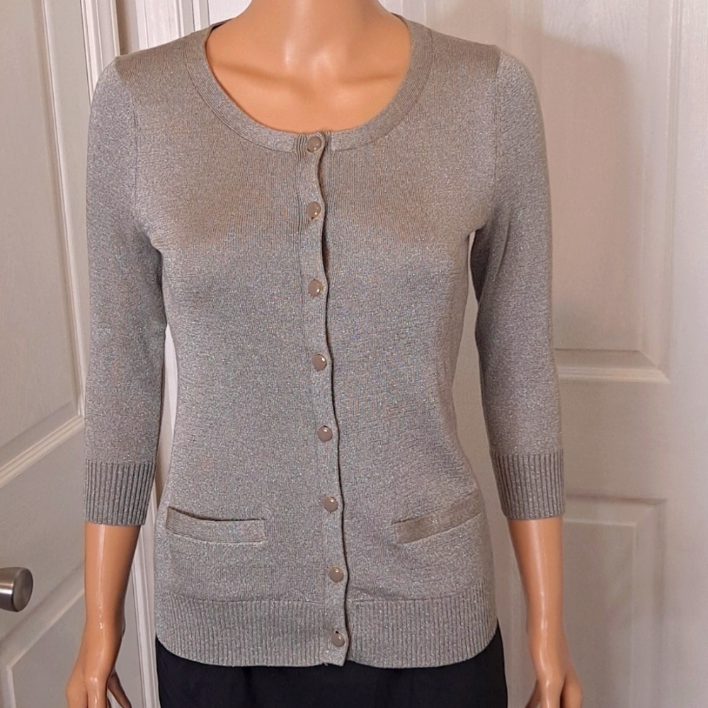 Banana Republic Metallic Silver Button-Up Sparkle Cardigan Sweater